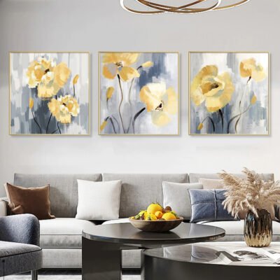 Blue Gray Yellow Flowers In Bloom Wall Art Modern Floral Pictures For Living Room Decor