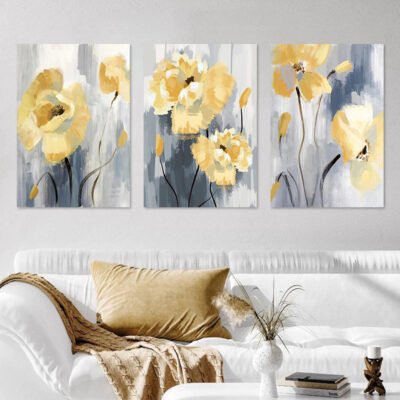 Blue Gray Yellow Flowers In Bloom Wall Art Modern Floral Pictures For Living Room Decor