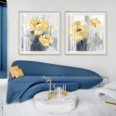Blue Gray Yellow Flowers In Bloom Wall Art Modern Floral Pictures For Living Room Decor