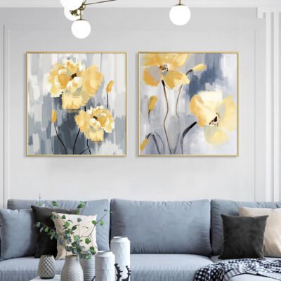 Blue Gray Yellow Flowers In Bloom Wall Art Modern Floral Pictures For Living Room Decor