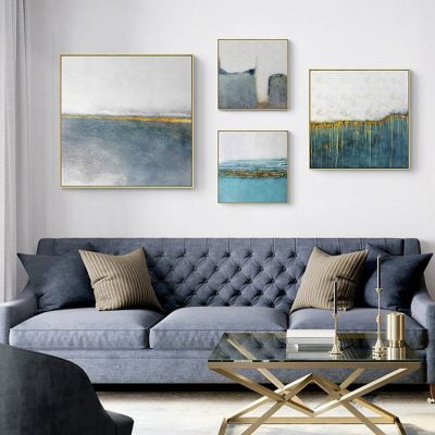 Blue Green Liquid Golden Abstract Wall Art Pictures For Modern Apartment Living Room Decor