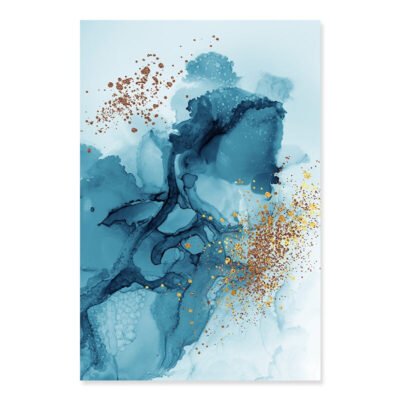 Blue Ink Golden Splash Abstract Wall Art Pictures For Modern Apartment Living Room Decor