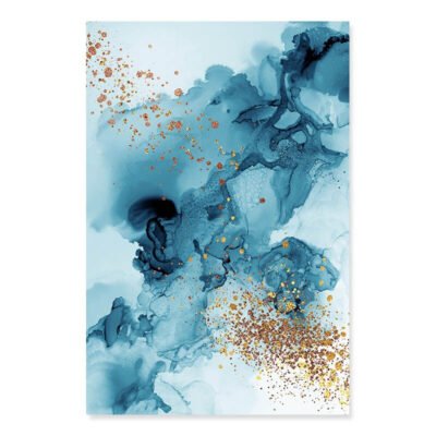 Blue Ink Golden Splash Abstract Wall Art Pictures For Modern Apartment Living Room Decor