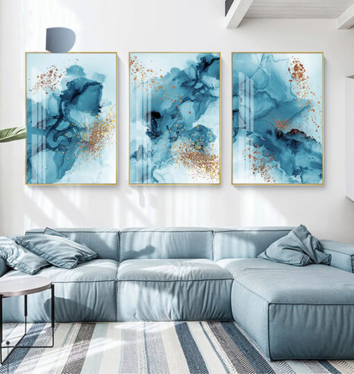 Blue Ink Golden Splash Abstract Wall Art Pictures For Modern Apartment Living Room Decor