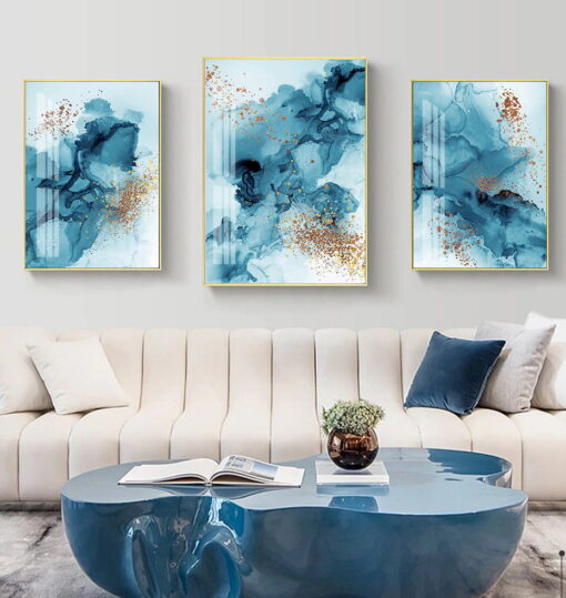 Blue Ink Golden Splash Abstract Wall Art Pictures For Modern Apartment Living Room Decor