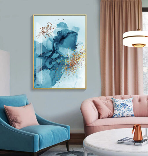Blue Ink Golden Splash Abstract Wall Art Pictures For Modern Apartment Living Room Decor