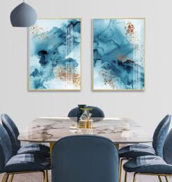 Blue Ink Golden Splash Abstract Wall Art Pictures For Modern Apartment Living Room Decor