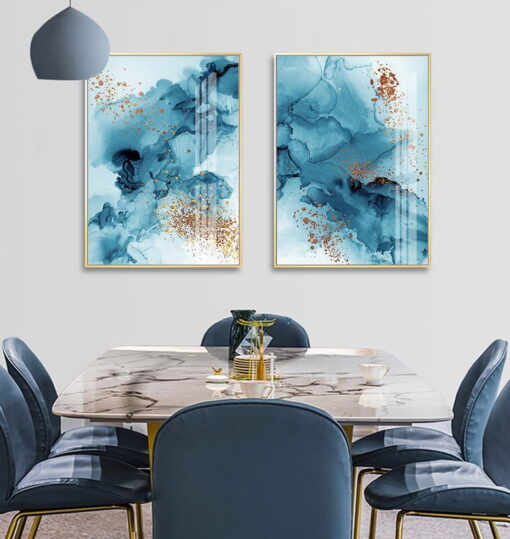 Blue Ink Golden Splash Abstract Wall Art Pictures For Modern Apartment Living Room Decor