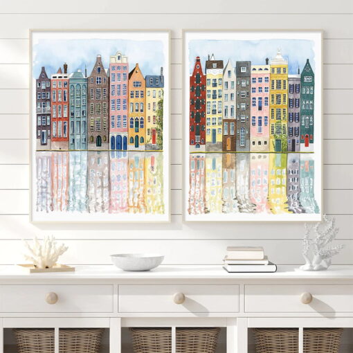 Colorful Dutch Waterside Building Facades Reflections Wall Art Pictures For Living Room Decor