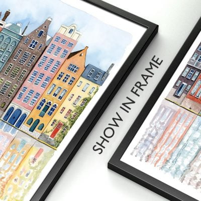 Colorful Dutch Waterside Building Facades Reflections Wall Art Pictures For Living Room Decor