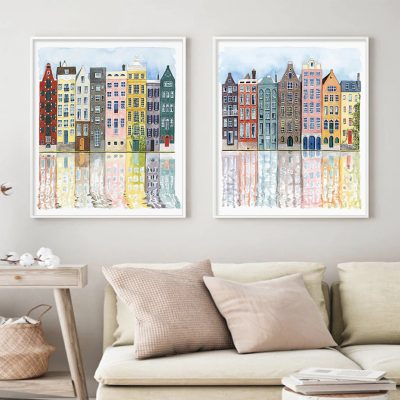 Colorful Dutch Waterside Building Facades Reflections Wall Art Pictures For Living Room Decor