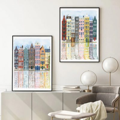 Colorful Dutch Waterside Building Facades Reflections Wall Art Pictures For Living Room Decor