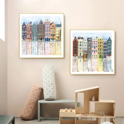 Colorful Dutch Waterside Building Facades Reflections Wall Art Pictures For Living Room Decor