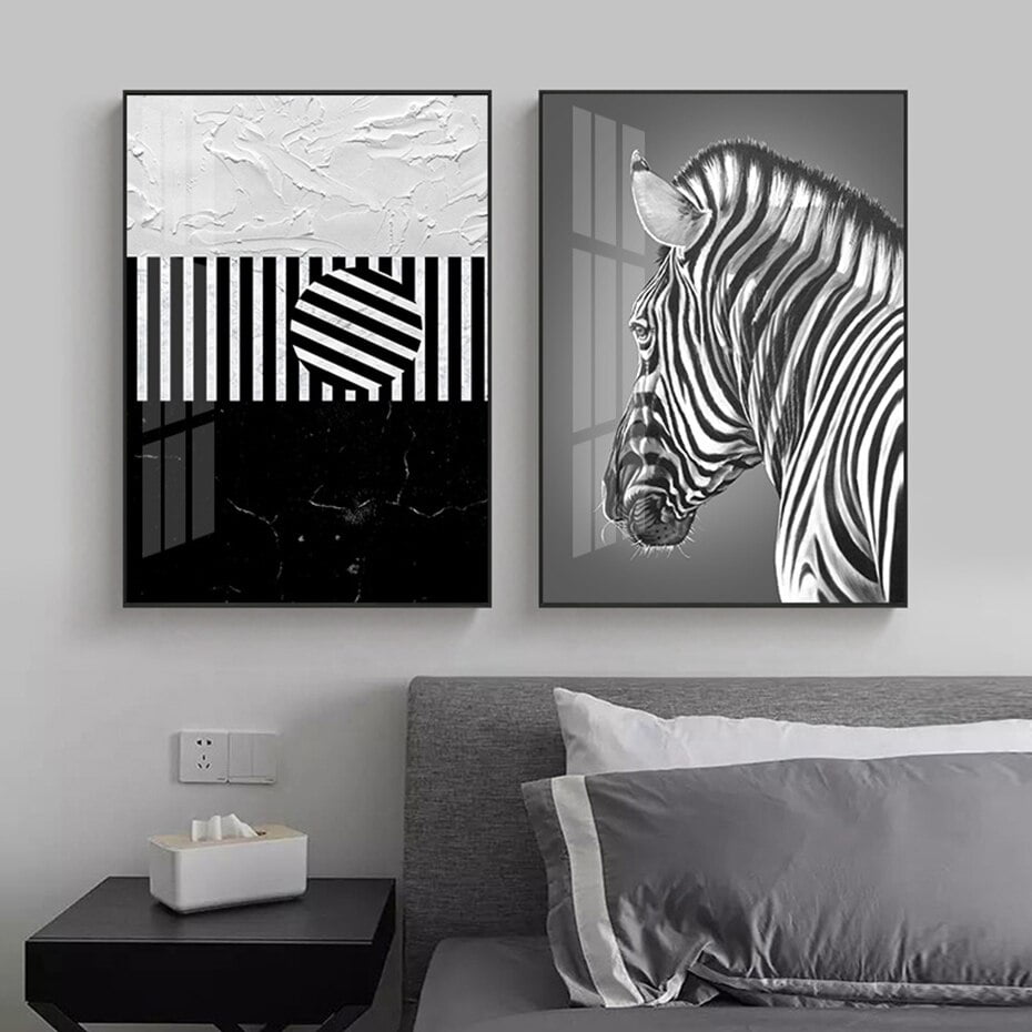 Contemporary Abstract Black & White Zebra Stripe Wall Art Pictures For Modern Home Office