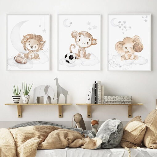 Cute African Animals Nursery Wall Art Elephant Monkey Lion Pictures For Baby's Room Decor