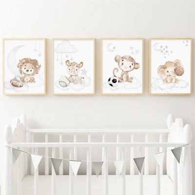 Cute African Animals Nursery Wall Art Elephant Monkey Lion Pictures For Baby's Room Decor