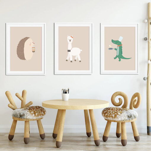 Cute Animals Nursery Wall Art Cartoon Hedgehog Croc Llama Posters For Kids Room Decor