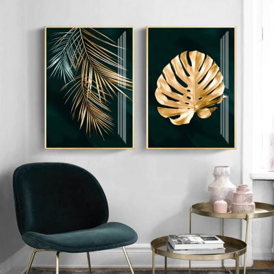 Exotic Golden Leaf Tropical Botanical Wall Art Fine Art Canvas Prints Luxury Home Decor