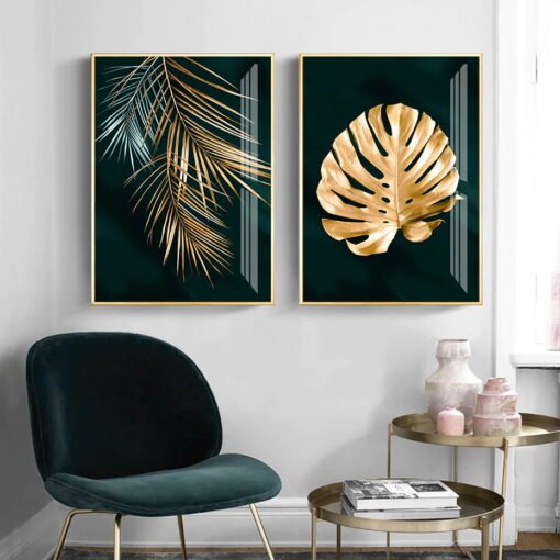 Exotic Golden Leaf Tropical Botanical Wall Art Fine Art Canvas Prints Luxury Home Decor