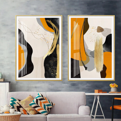 Golden Brushed Bold Orange Black Abstract Wall Art Pictures For Modern Loft Interiors