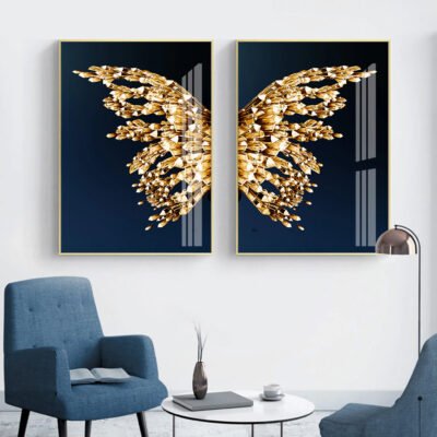 Golden Butterfly Wings Chic Fashion Wall Art Pictures For Living Room Bedroom Decor