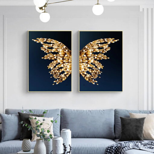 Golden Butterfly Wings Chic Fashion Wall Art Pictures For Living Room Bedroom Decor