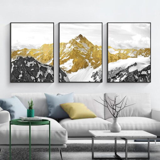 Golden Mountain Landscape Auspicious Wall Art For Living Room Home Office (Set of 3)