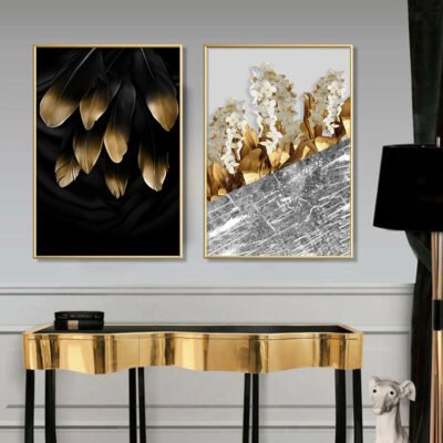 Golden Palm Leaves Tropical Exotic Botanical Wall Art Pictures For Luxury Living Room