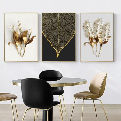 Golden Palm Leaves Tropical Exotic Botanical Wall Art Pictures For Luxury Living Room