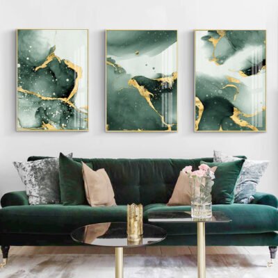 Liquid Golden Green Marble Abstract Wall Art Pictures For Living Room Dining Room Decor