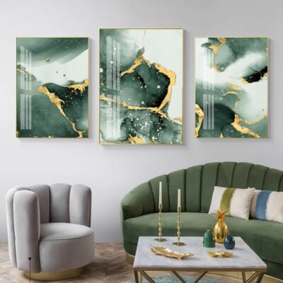 Liquid Golden Green Marble Abstract Wall Art Pictures For Living Room Dining Room Decor