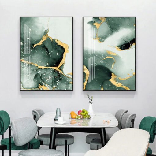 Liquid Golden Green Marble Abstract Wall Art Pictures For Living Room Dining Room Decor