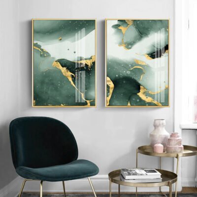 Liquid Golden Green Marble Abstract Wall Art Pictures For Living Room Dining Room Decor