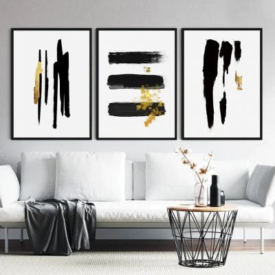 Minimalist Black Golden Paint Daub Wall Art Modern Pictures For Apartment Living Room