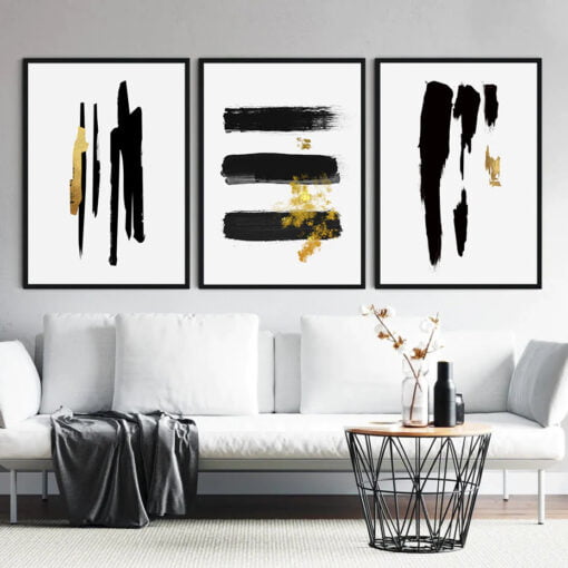 Minimalist Black Golden Paint Daub Wall Art Modern Pictures For Apartment Living Room