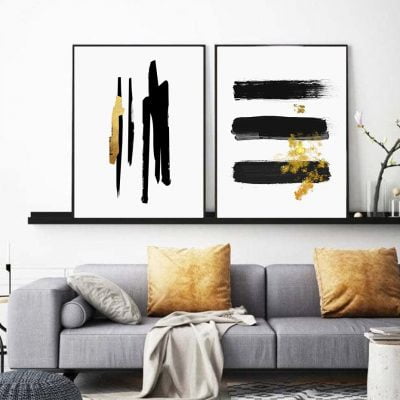 Minimalist Black Golden Paint Daub Wall Art Modern Pictures For Apartment Living Room