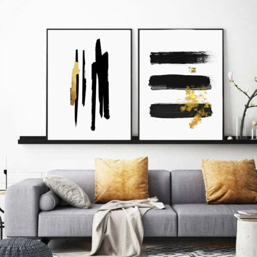 Minimalist Black Golden Paint Daub Wall Art Modern Pictures For Apartment Living Room