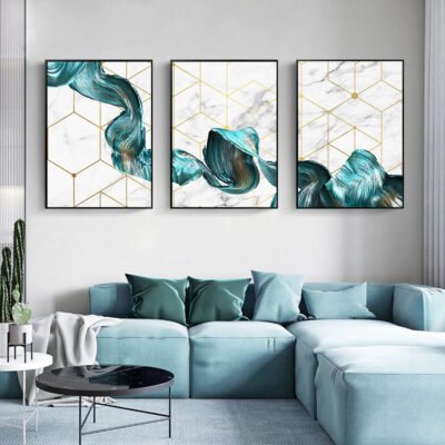 Modern Abstract Geometric Jade Green Flowing Ribbon Wall Art Pictures For Home Office Decor