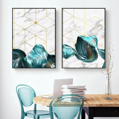 Modern Abstract Geometric Jade Green Flowing Ribbon Wall Art Pictures For Home Office Decor