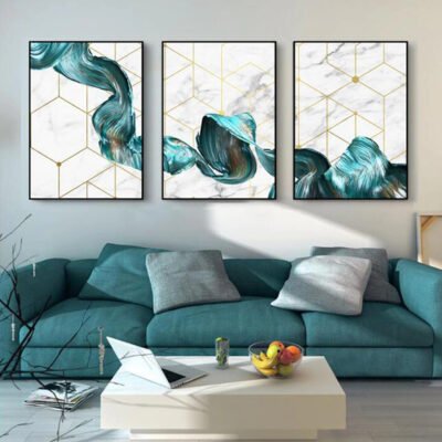 Modern Abstract Geometric Jade Green Flowing Ribbon Wall Art Pictures For Home Office Decor