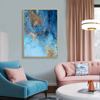 Modern Abstract Ocean Blue Golden Wall Art Fine Art Canvas Prints For Luxury Apartment