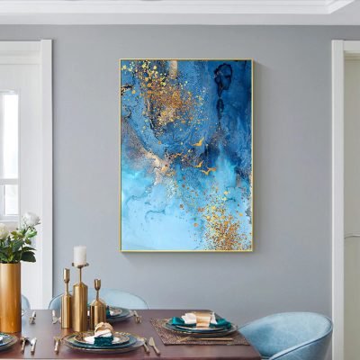 Modern Abstract Ocean Blue Golden Wall Art Fine Art Canvas Prints For Luxury Apartment