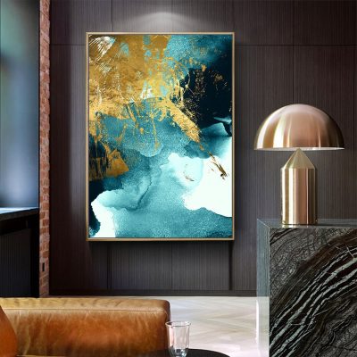 Modern Abstract Ocean Blue Golden Wall Art Fine Art Canvas Prints For Luxury Apartment