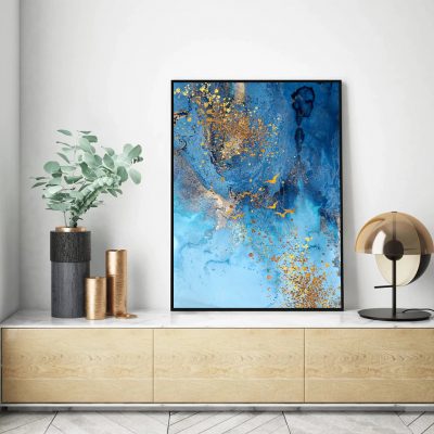 Modern Abstract Ocean Blue Golden Wall Art Fine Art Canvas Prints For Luxury Apartment