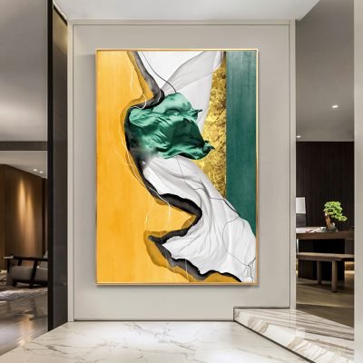 Modern Abstract Ocean Blue Golden Wall Art Fine Art Canvas Prints For Luxury Apartment