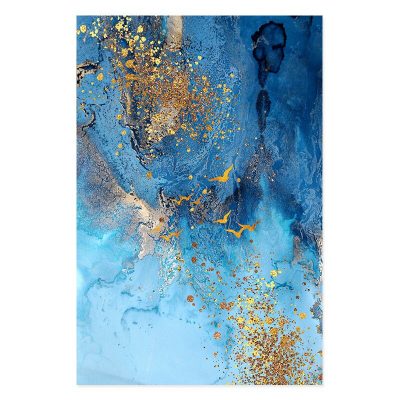 Modern Abstract Ocean Blue Golden Wall Art Fine Art Canvas Prints For Luxury Apartment