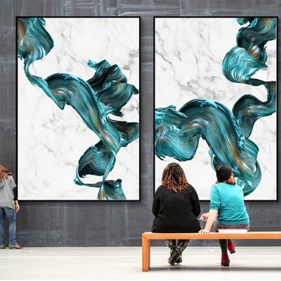 Modern Abstract Ocean Blue Golden Wall Art Fine Art Canvas Prints For Luxury Apartment