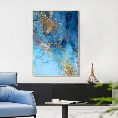 Modern Abstract Ocean Blue Golden Wall Art Fine Art Canvas Prints For Luxury Apartment