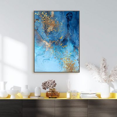 Modern Abstract Ocean Blue Golden Wall Art Fine Art Canvas Prints For Luxury Apartment