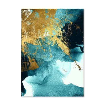 Modern Abstract Ocean Blue Golden Wall Art Fine Art Canvas Prints For Luxury Apartment